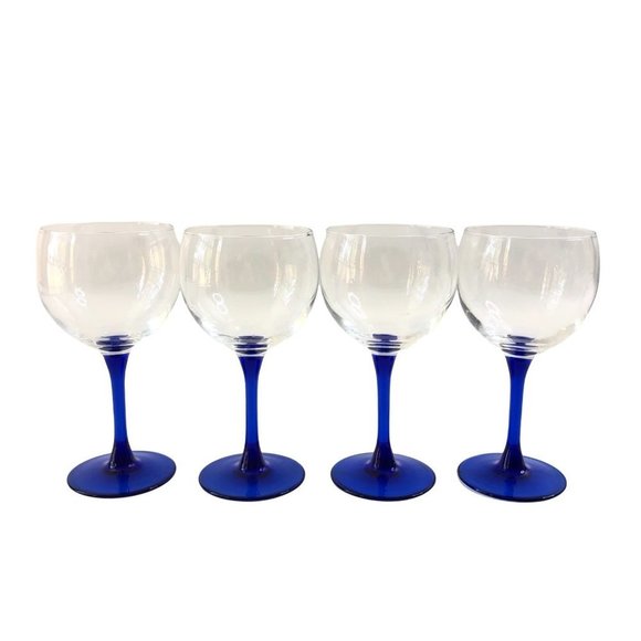 Unknown Other - Clear and Cobalt Blue Wine Glasses 8oz Set of 4